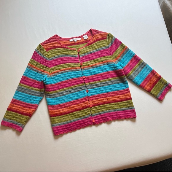 BALLINGER GOLD multicolor rainbow chunky open knit long 3/4 cardigan sweater